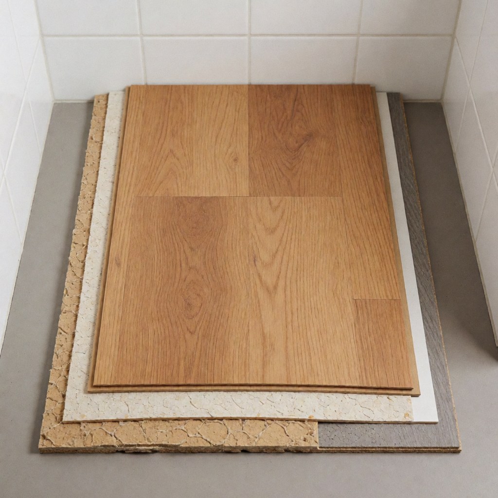Detailed view of laminate flooring samples showing the layered construction and edge profile for construction material reference