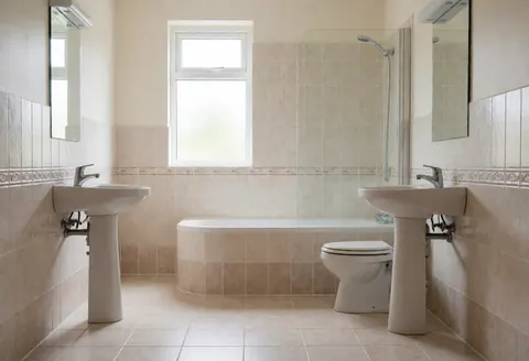 Modern clean bathroom featuring two sinks, a shower, toilet, and window, ideal for showcasing construction or remodeling services.