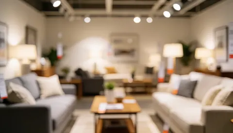 Soft focus background of a modern furniture showroom featuring sofas and tables, ideal for text overlay in commercial designs