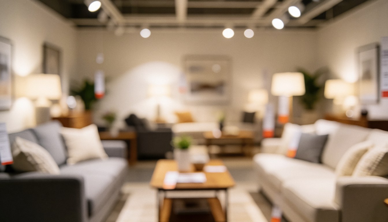 Soft focus background of a modern furniture showroom featuring sofas and tables, ideal for text overlay in commercial designs