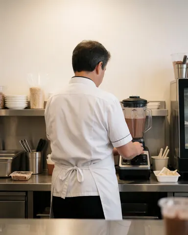 Chef in white uniform blends a milkshake using a blender on a stainless steel counter surrounded by organized utensils and ingredients in a clean professional fast food kitchen.