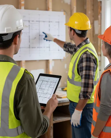 Three construction workers in safety gear reviewing architectural plans on a tablet during a home renovation project.