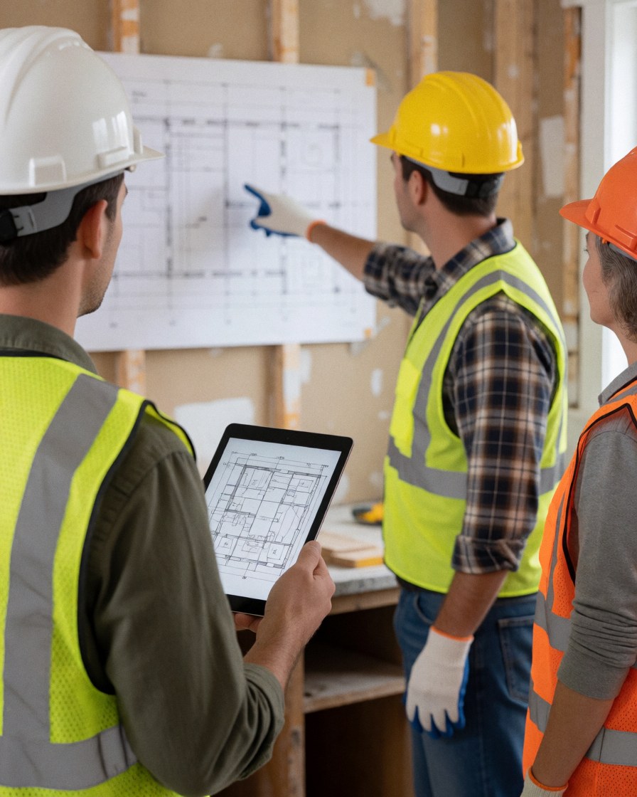 Three construction workers in safety gear reviewing architectural plans on a tablet during a home renovation project.