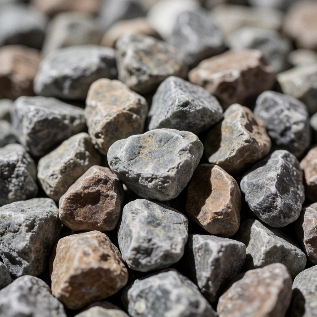 Detailed macro shot of coarse gravel stones showing rough texture and natural gray and brown tones suitable for construction backgrounds