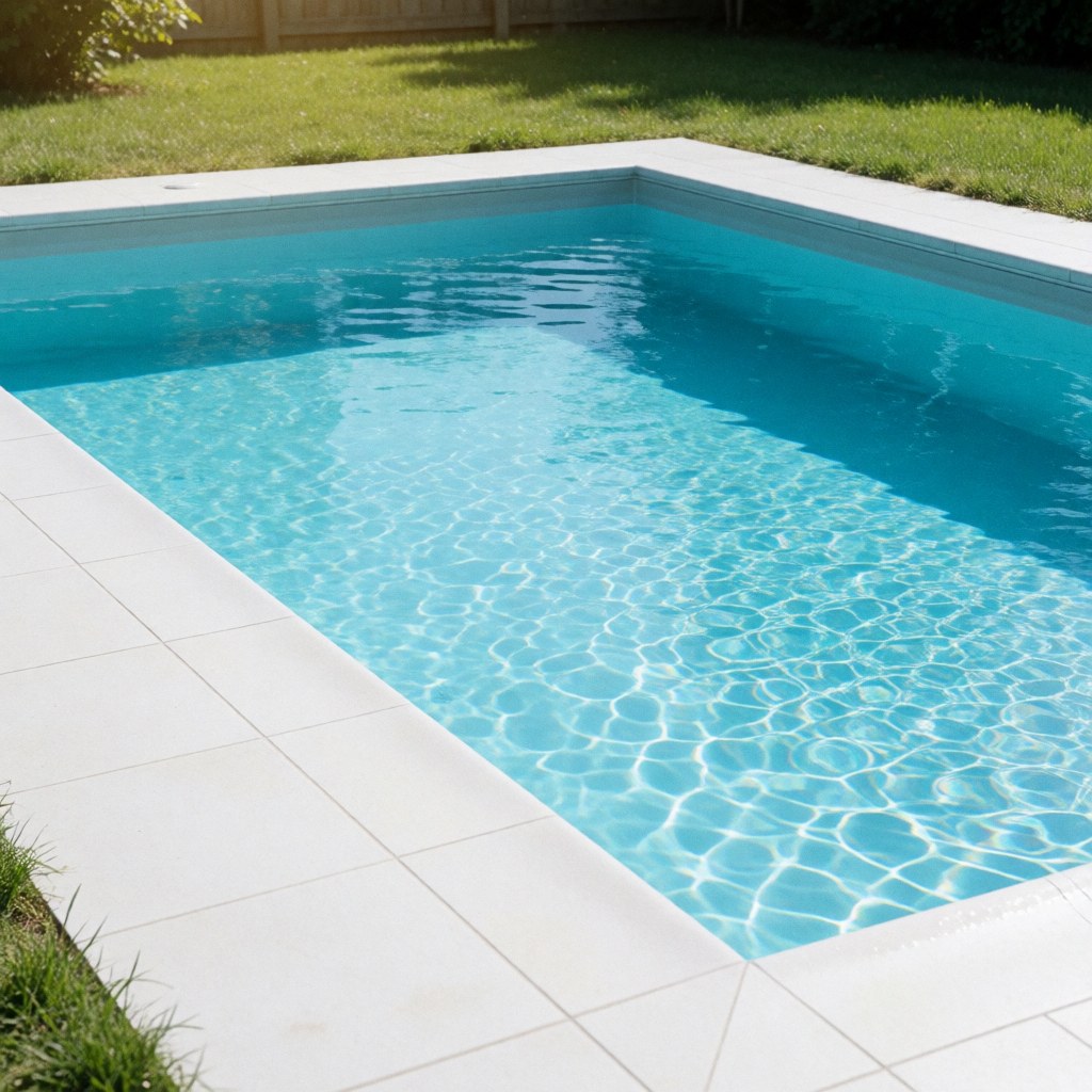 Brand new finished inground swimming pool featuring bright turquoise water, white tiles, and green lawn under intense sunlight, ideal for promoting construction services.