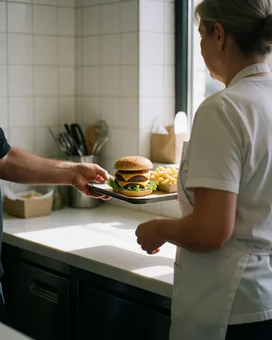 A satisfied customer receives a tray with a hamburger and french fries from a server at a fast food restaurant counter.