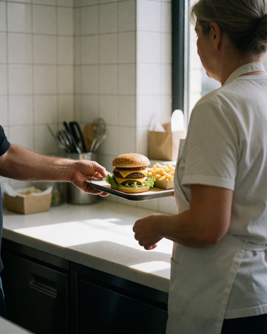 A satisfied customer receives a tray with a hamburger and french fries from a server at a fast food restaurant counter.