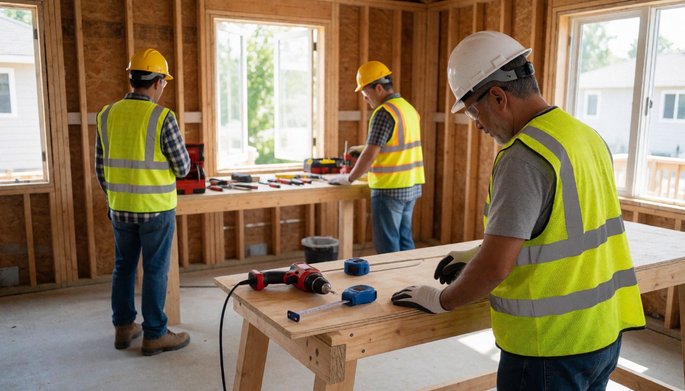 Construction workers wearing safety gear and tools working on a house renovation project with visible building materials and equipment