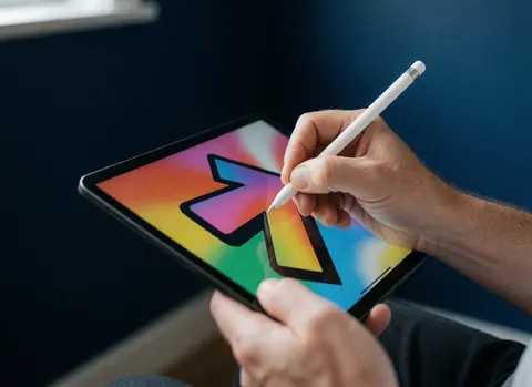 Close-up of a hand using a stylus to draw a colorful arrow on a digital tablet screen against a dark blue background.