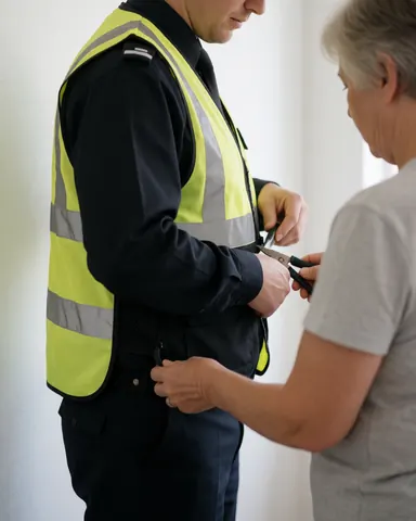 A professional adjusts a reflective vest while another person assists with scissors in an indoor setting with white walls, focusing on hands and safety gear.