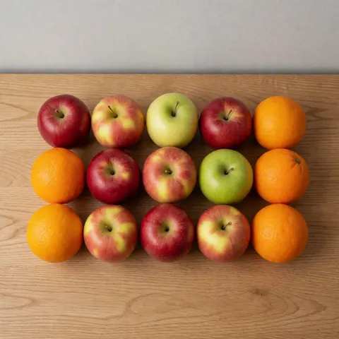 Red, green apples and bright oranges arranged on light wood, ideal for promoting healthy nutrition products.