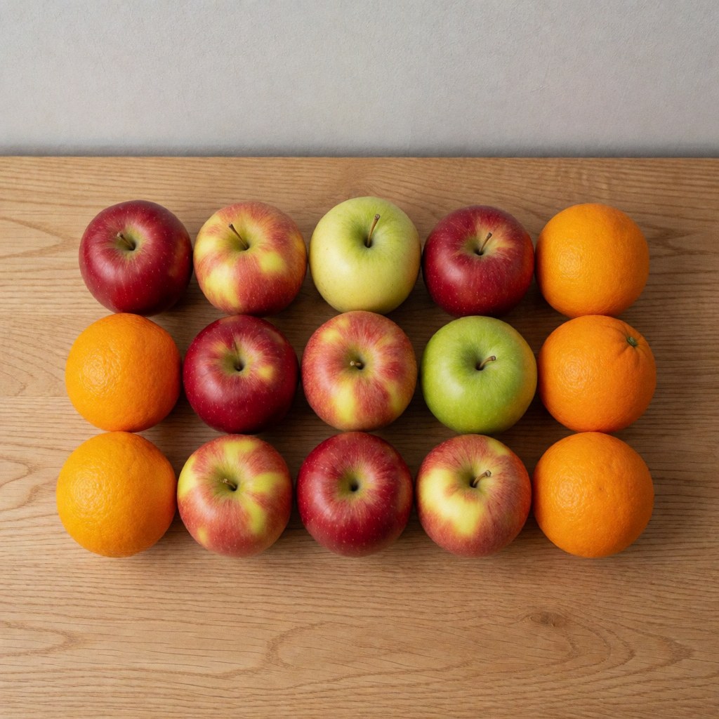 Red, green apples and bright oranges arranged on light wood, ideal for promoting healthy nutrition products.