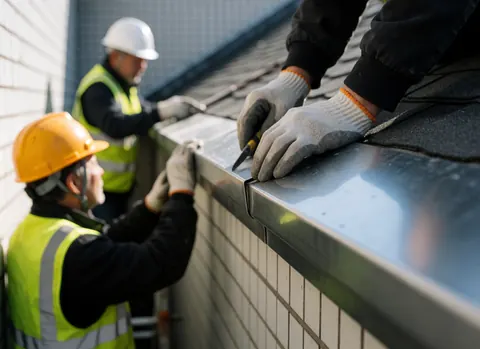 Workers wearing helmets and vests install a metal strip on the edge of a white tiled roof, focusing on hands and tools.