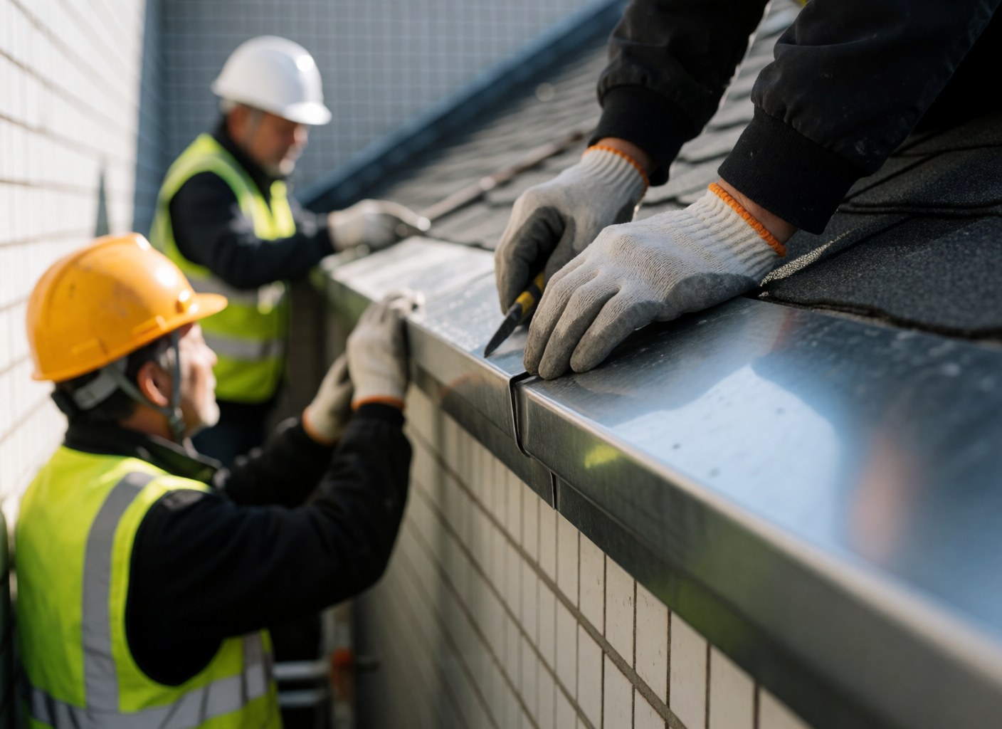 Workers wearing helmets and vests install a metal strip on the edge of a white tiled roof, focusing on hands and tools.
