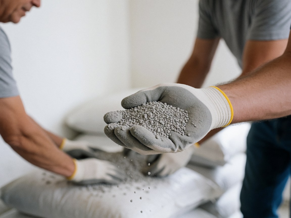 Close-up of a gloved hand holding granular fertilizer with white sacks in the background, highlighting agricultural product details for farming use.