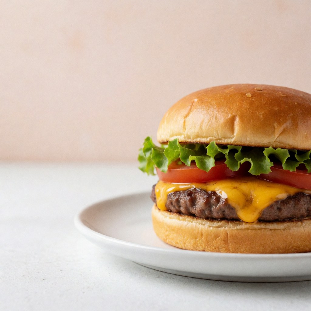 Classic cheeseburger with melted cheese, lettuce, and tomato served on a white plate against a pale terracotta wall with natural lighting.