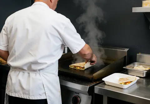 Professional chef placing a quesadilla on a hot griddle with steam rising in a clean, realistic kitchen setting