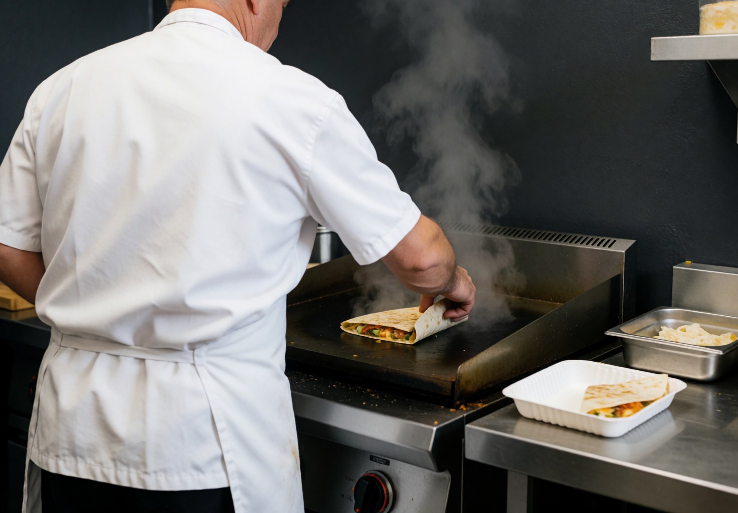 Professional chef placing a quesadilla on a hot griddle with steam rising in a clean, realistic kitchen setting