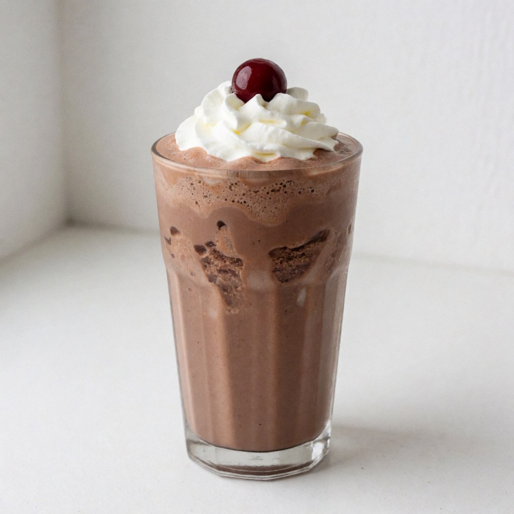 A creamy chocolate milkshake served in a clear glass with a cherry on top, presented as a refreshing dessert beverage for fast food menus