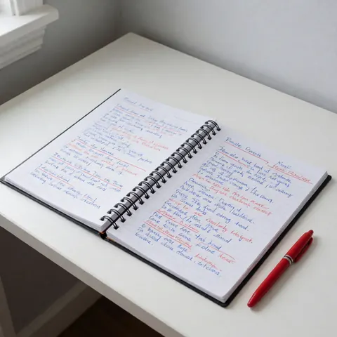Close-up of an open exercise notebook with handwritten notes and a pencil resting on a wooden desk surface