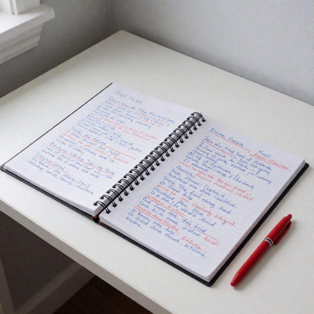 Close-up of an open exercise notebook with handwritten notes and a pencil resting on a wooden desk surface