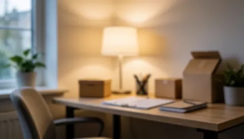 A tidy home office workspace featuring a desk, lamp, window, and plants, ideal for nutrition business text backgrounds
