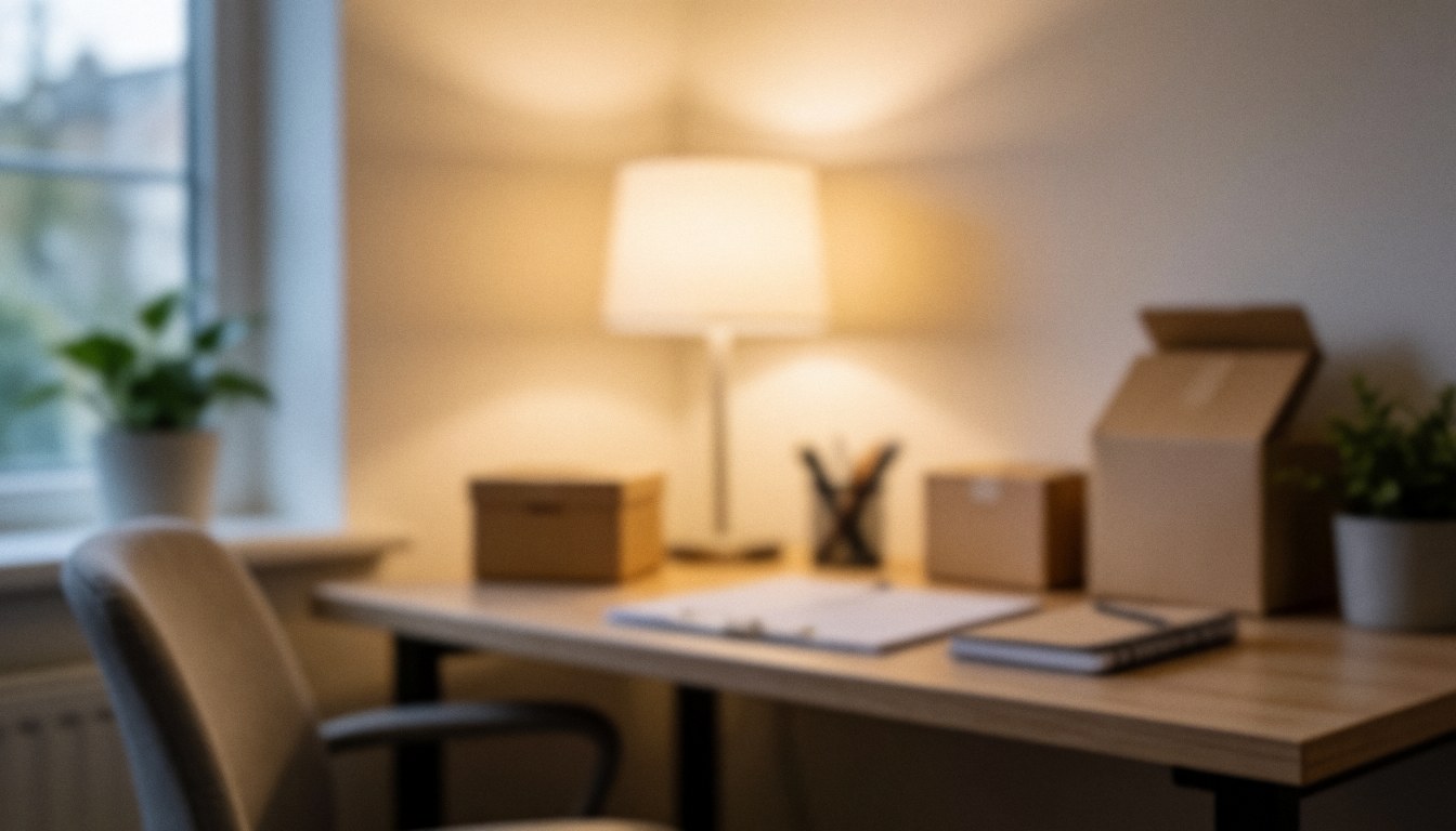 A tidy home office workspace featuring a desk, lamp, window, and plants, ideal for nutrition business text backgrounds