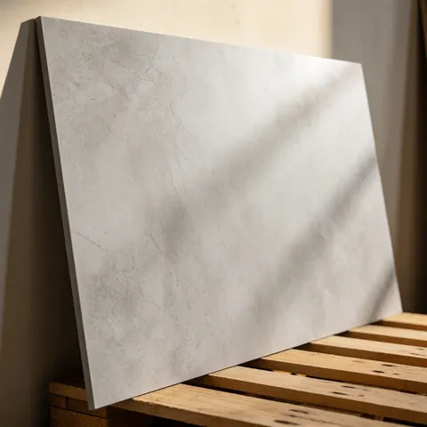Ceramic tile featuring a concrete texture resting on a wooden pallet with warm lighting and defined shadows for construction and interior design