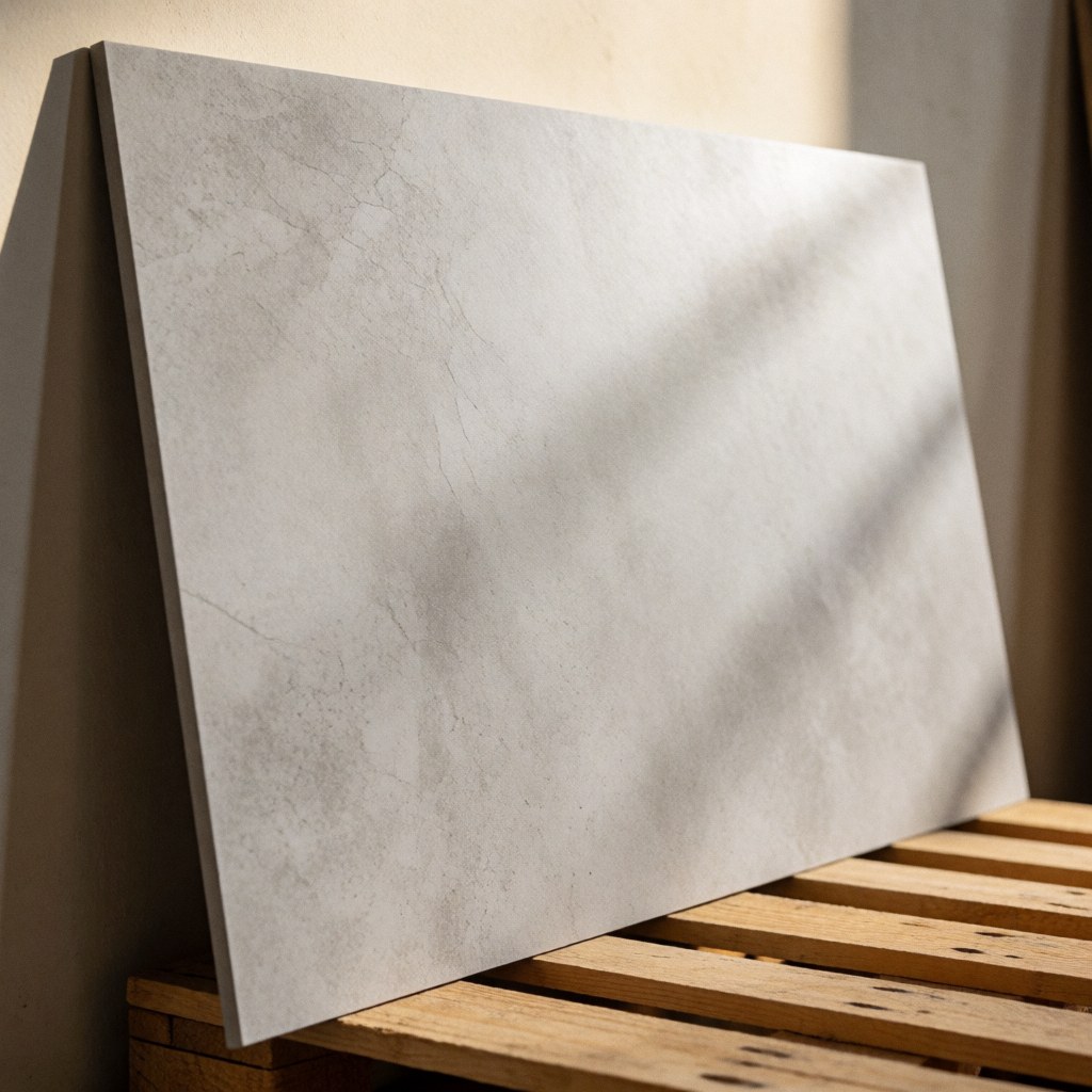 Ceramic tile featuring a concrete texture resting on a wooden pallet with warm lighting and defined shadows for construction and interior design