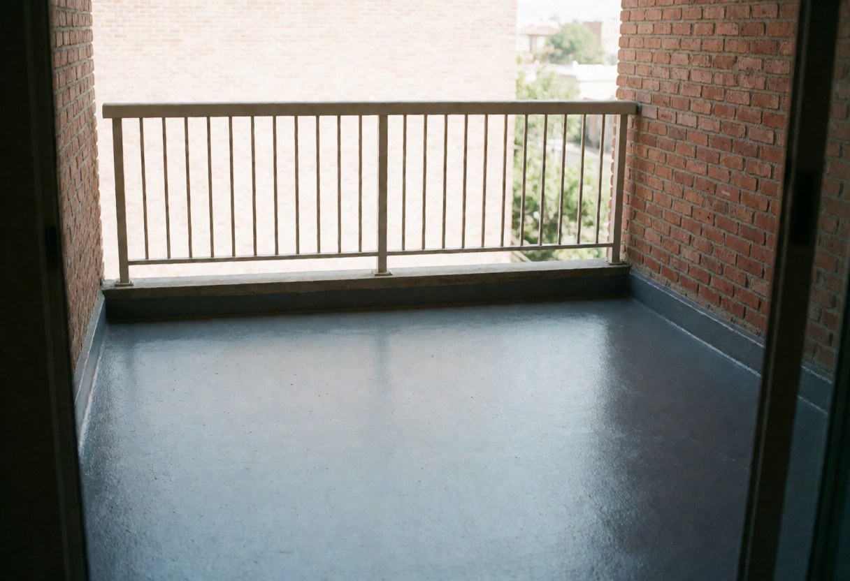 A clean and new finished balcony featuring a brick wall, metal railing, and large windows with natural light, suitable for construction and real estate projects