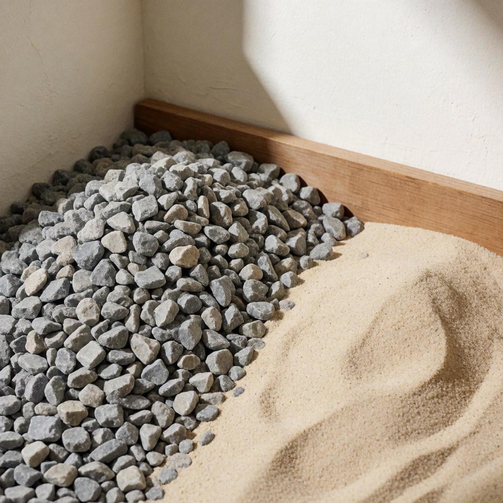 Close-up view of a pile of gravel and sand resting on a wooden plank, showing texture and shadows for construction materials