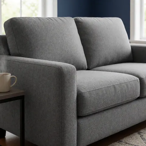 A textured gray sofa sits in a living room with navy blue walls, a side table with a cup, and natural light.
