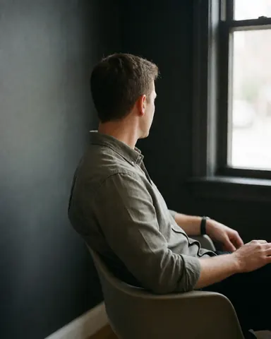 A professional man sitting in a chair in a modern office with natural light from a window, appearing relaxed and calm.