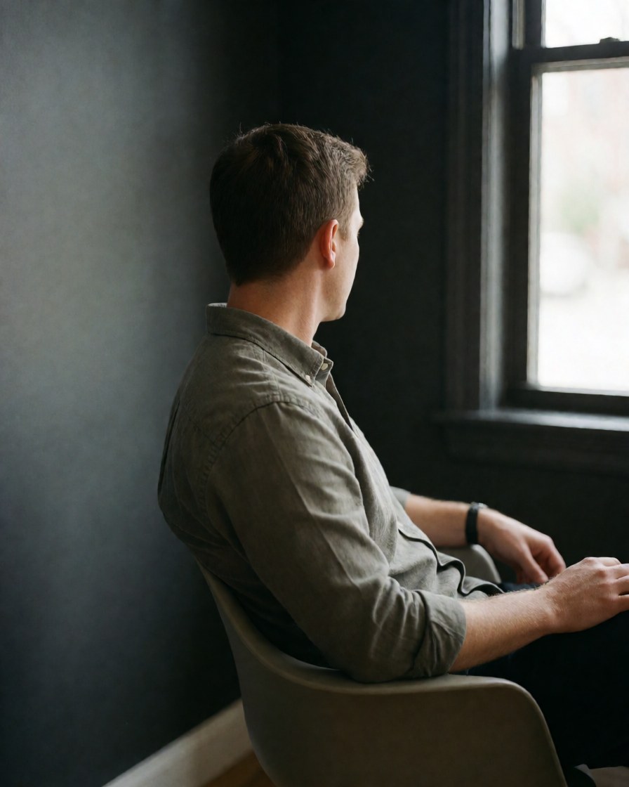 A professional man sitting in a chair in a modern office with natural light from a window, appearing relaxed and calm.