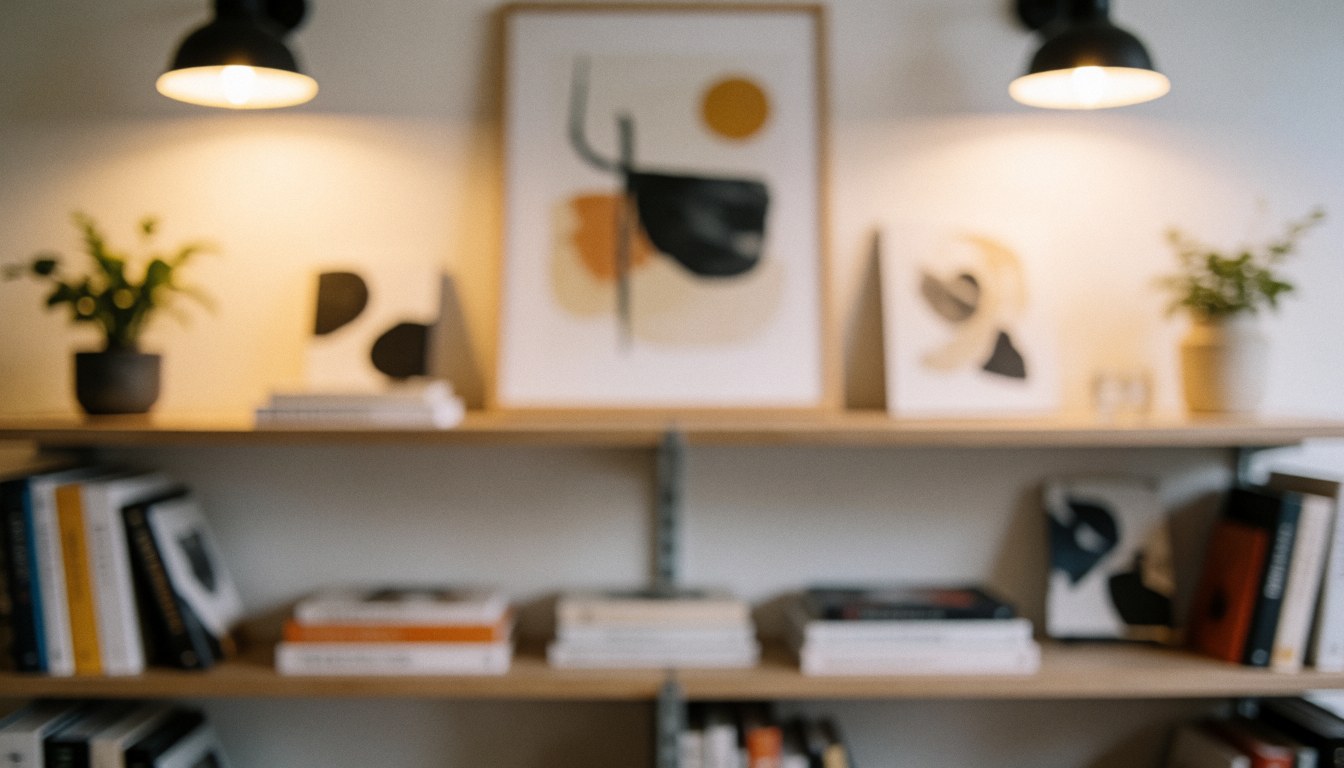 Soft focus background featuring bookshelves, warm lighting, and office decor suitable for marketing agency text overlays