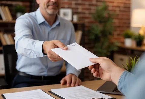 An insurance professional hands a white envelope to a client in a warm office with brick walls and plants, symbolizing protection and renewal.