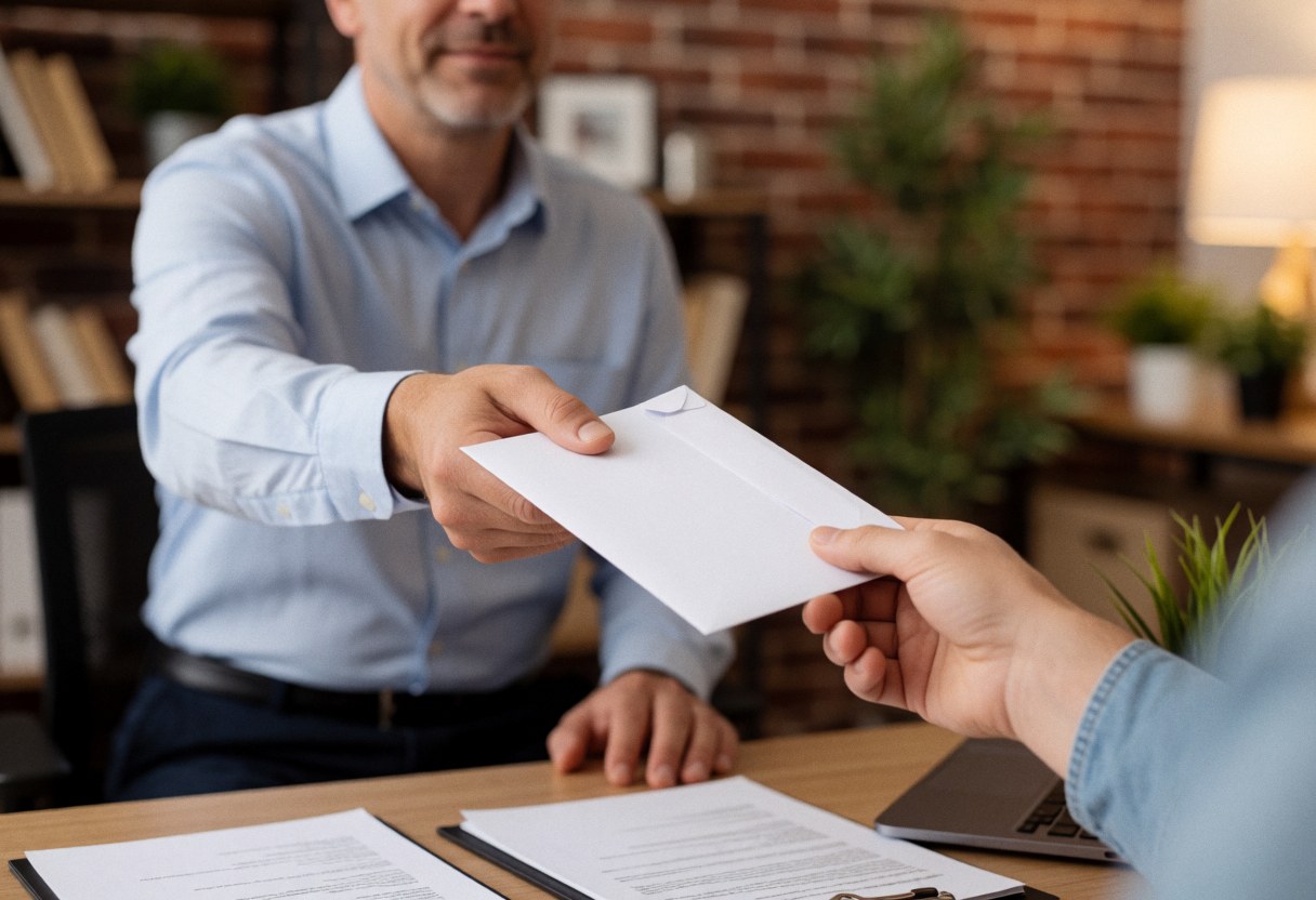 An insurance professional hands a white envelope to a client in a warm office with brick walls and plants, symbolizing protection and renewal.