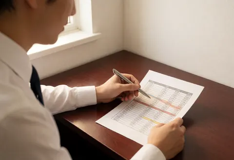 Financial advisor in an office reviewing a payment document with a pen on a wooden desk illuminated by natural window light
