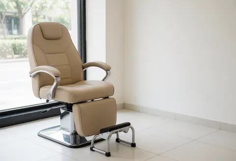 Beige manicure chair with footrest near a window with natural light, white floor and walls, empty nail salon ready to open