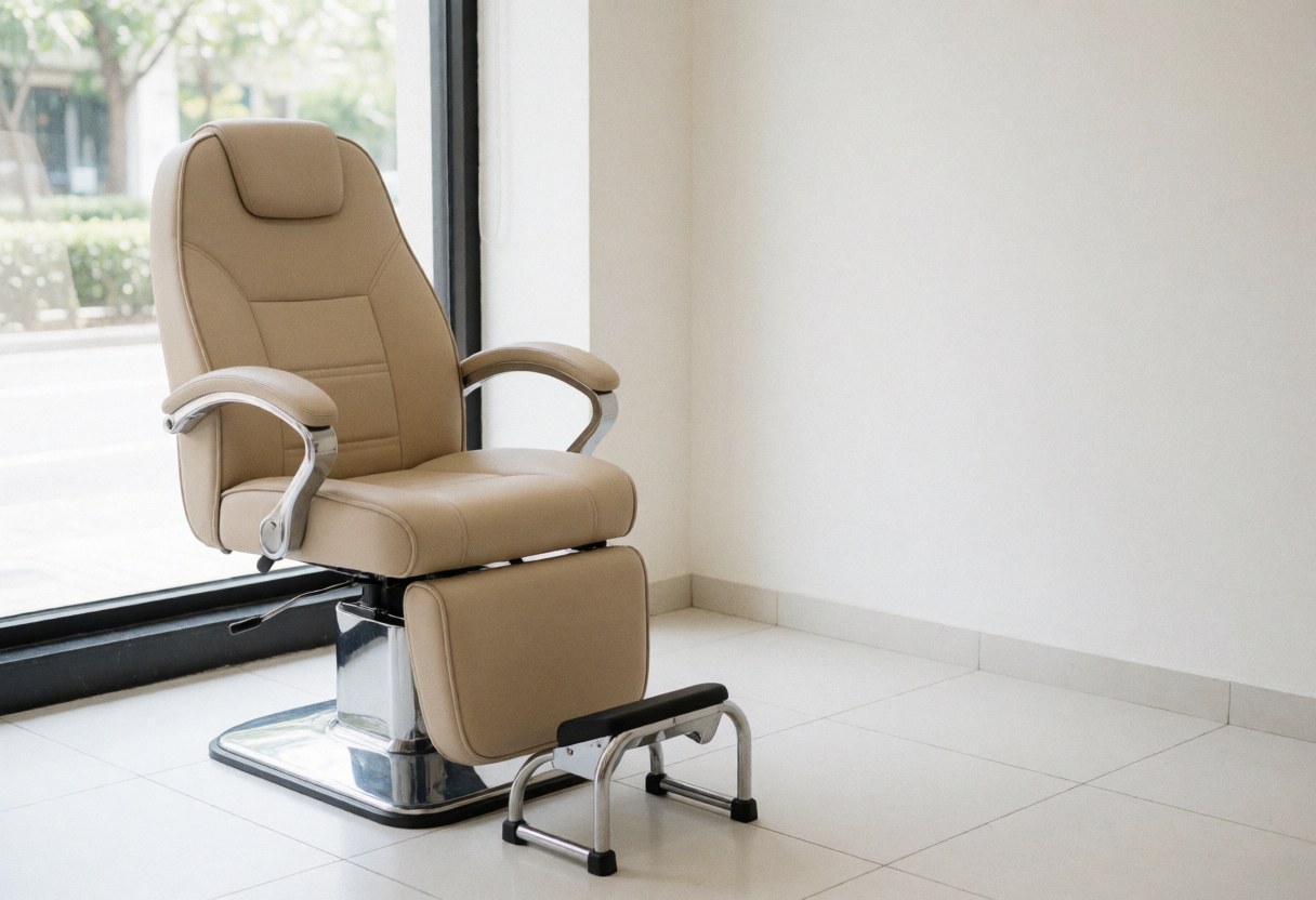 Beige manicure chair with footrest near a window with natural light, white floor and walls, empty nail salon ready to open