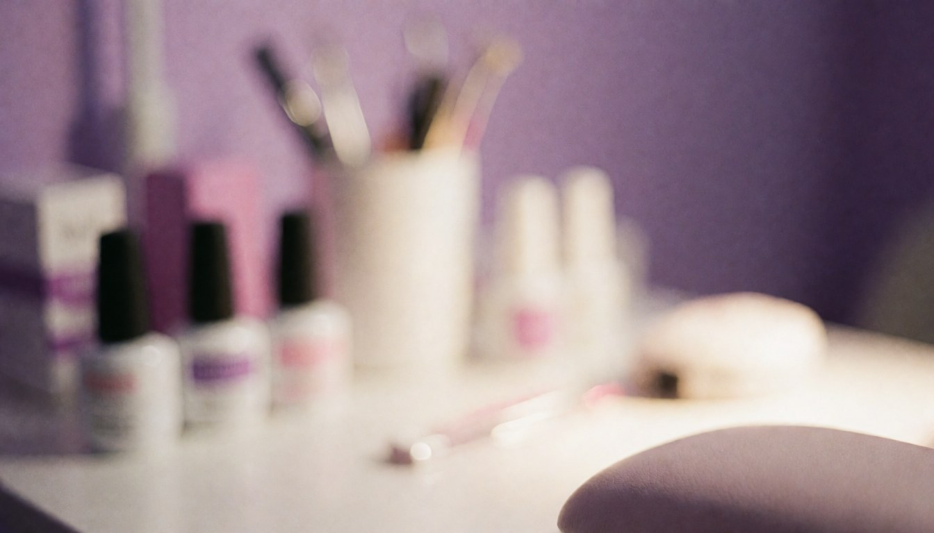 Soft focus background of a nail salon featuring beauty products, tools, and purple and white tones, ideal for text overlays and promotional designs.