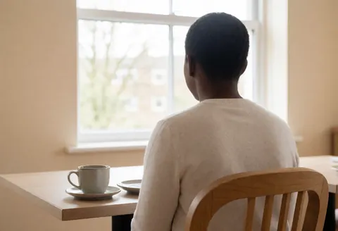 A person sitting at a wooden table enjoying a hotel breakfast with coffee and plates near a window