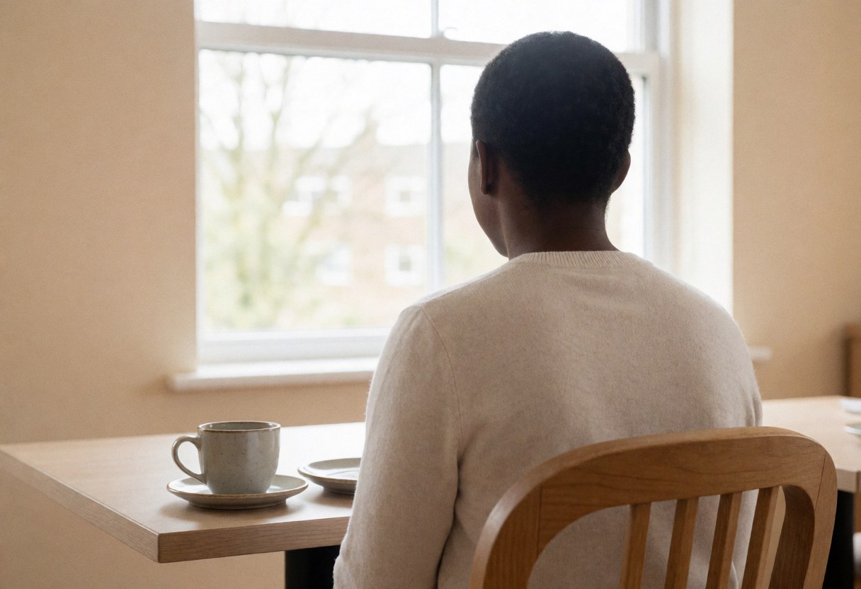 A person sitting at a wooden table enjoying a hotel breakfast with coffee and plates near a window