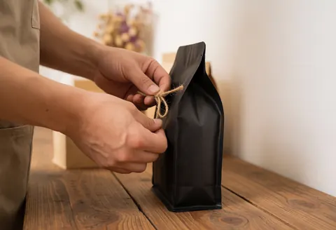 Barista hands tying a coffee bag with jute rope on a wooden table with blurred background and warm light