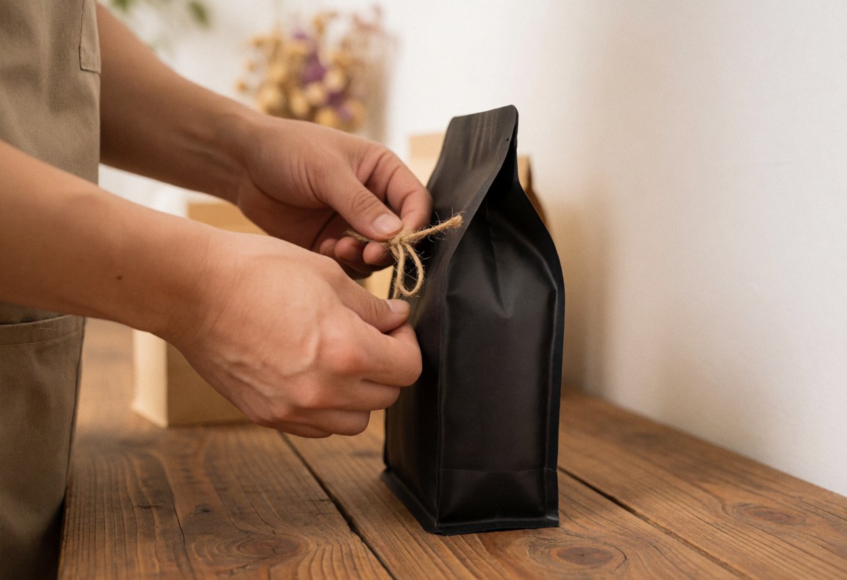 Barista hands tying a coffee bag with jute rope on a wooden table with blurred background and warm light
