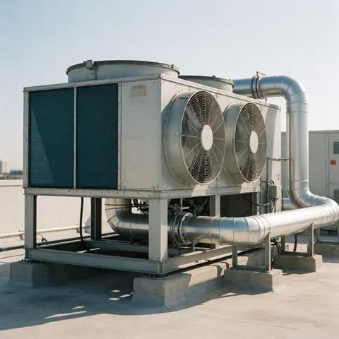 Industrial air conditioning unit on a rooftop with metal pipes and fans under bright sun casting sharp shadows on concrete