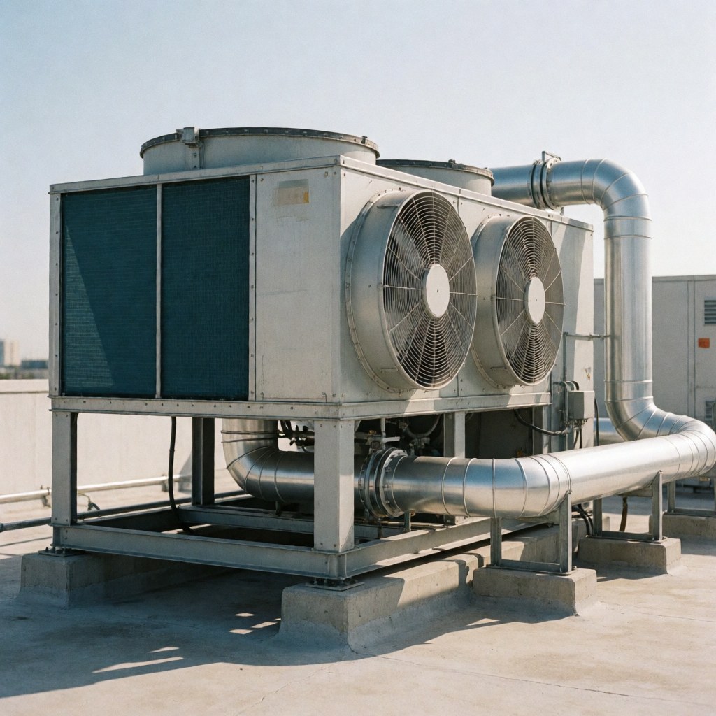 Industrial air conditioning unit on a rooftop with metal pipes and fans under bright sun casting sharp shadows on concrete