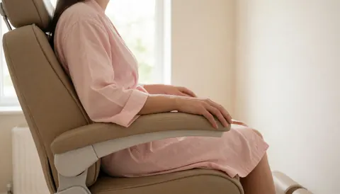 A relaxed client sitting in a salon chair receiving a manicure service with natural lighting in a clean beige and pink salon setting