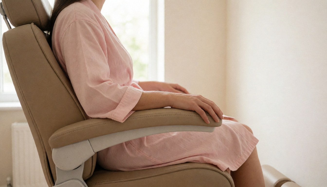 A relaxed client sitting in a salon chair receiving a manicure service with natural lighting in a clean beige and pink salon setting
