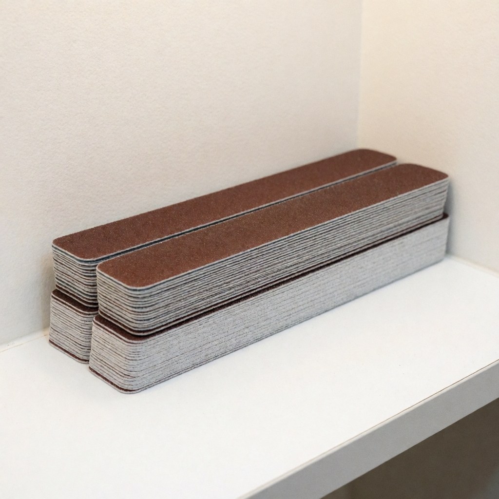 Neatly stacked emery boards with visible grit texture on a clean white surface in a professional nail salon setting